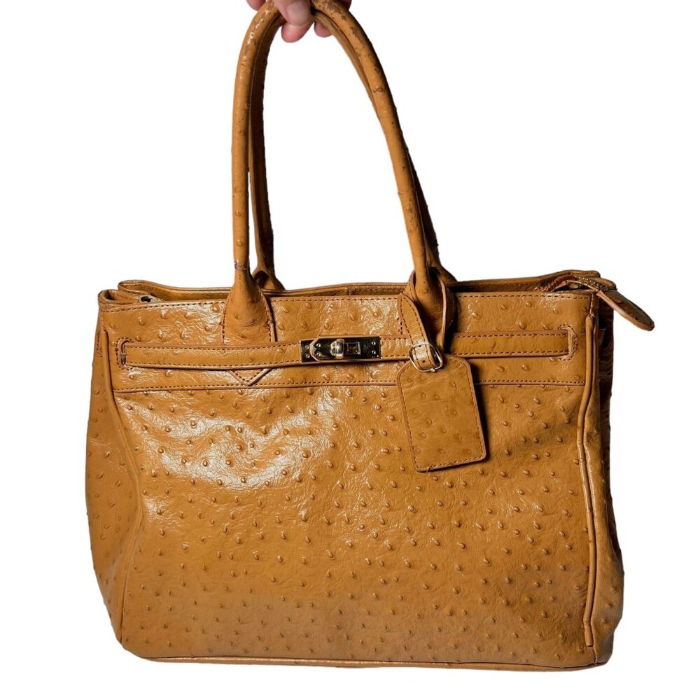 Stauer Ostrich Print Leather Purse Top Handle Gold Buckle Tan Brown FLAW